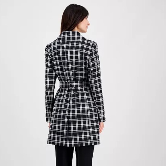 LE SUIT TRENCH-STYLE ELONGATED BELTED 90’S B&W PLAID JACKET SHOULDER PADS LINED - Picture 4 of 16